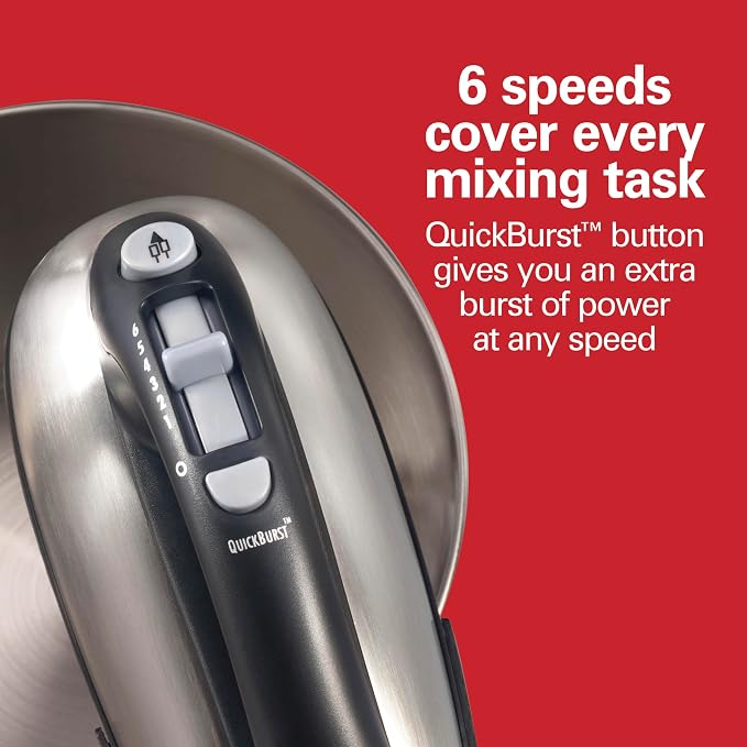 Hamilton Beach Classic Stand and Hand Mixer, 4 Quarts, 6 Speeds with QuickBurst, Bowl Rest, 290 Watts Peak Power, Black and Stainless | 2-in-1 Versatility | QuickBurst For Added Power | 290 Watts Peak Power | Built-In Bowl Rest | Black and Stainless Steel