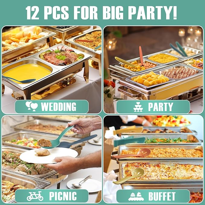 Reusable Plastic Serving Utensils Set of 12, 10" Wheat straw Large Serving set Serving Spoons/Slotted Spoons/Tongs, for Party Buffet Catering (Orange/Blue/Yellow/Green, Not for Cooking)