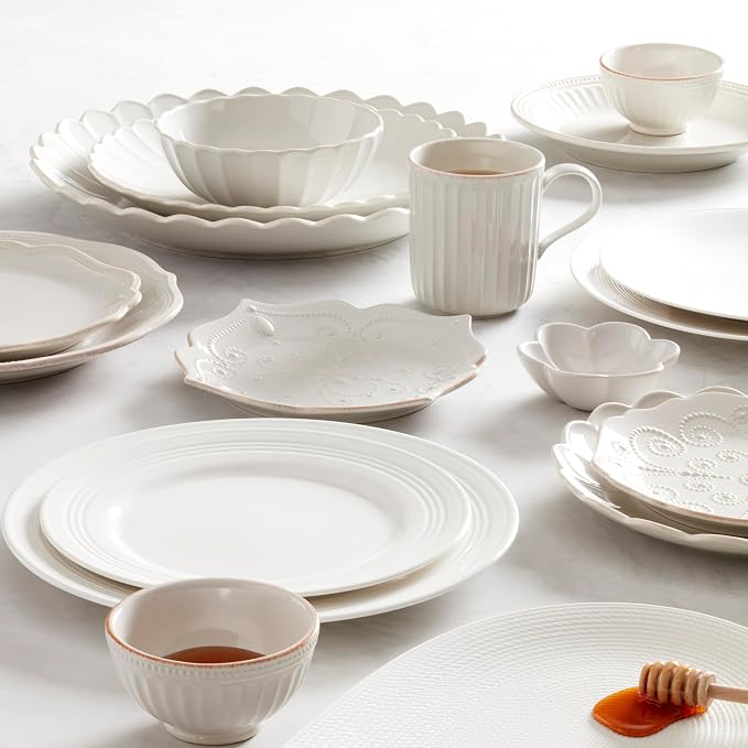 Lenox French Perle White Stoneware Dinnerware Set with All-Purpose Bowls | dishwasher safe, microwave safe | plates and bowls sets for kitchen and dining, dish set, dishes | 20oz