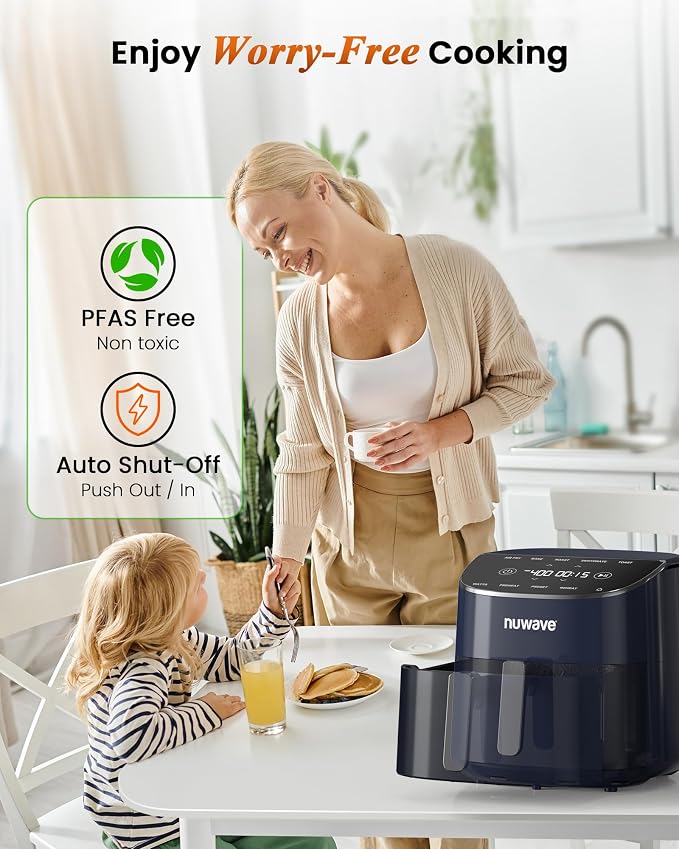 Nuwave Brio Plus Air Fryer 8 Qt, New & Improved, PFAS-Free Ceramic Coating | 7 Digital One-Touch Modes: Air Fry/Bake/Roast/Dehydrate/Toast/Reheat/Preheat; 150 Presets; 50–400°F; 700/1500/1800W; DeepBlue
