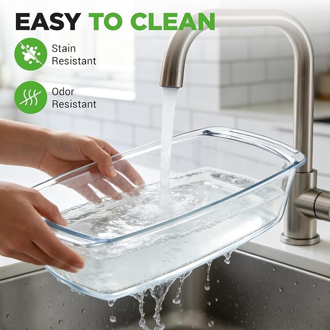 NutriChef 4 Piece Glass Loaf Pan Set with Lids - Stackable 1.9 QT/62oz Glass Bread Baking Dishes - 2 Food Storage Containers + 2 Airtight Lids, Oven & Microwave Safe, Dishwasher Safe - Clear