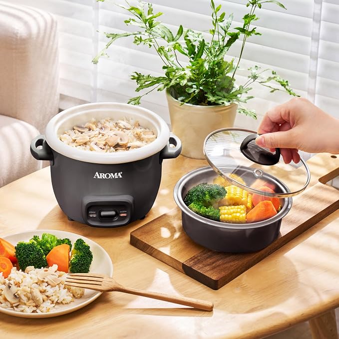 AROMA CoreCoat™ Mini Rice Cooker (3 Cups Cooked) with Nonstick Ceramic Pot Coating, Glass Lid, and Pop-Up Steamer Tray, 0.8 Quart