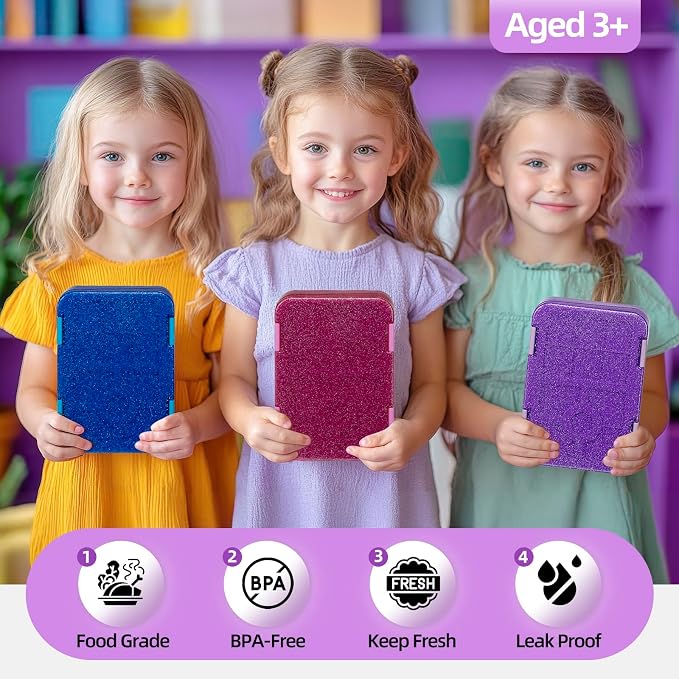 Bento Lunch Box for Kids, 5/6 Compartments, Shiny Rose | 5/6 Compartments, 3 Cups BPA Free, Dishwasher Safe, for Kids, Back to School, On-the-Go Meal, Ages 3+, School