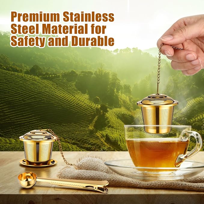 4 Pcs Tea Infuser Strainers for Loose Tea with Scoop, Extra Fine Mesh Steeper 304 Stainless Steel Diffuser Leaf Holder with Extended Chain Hook for Brew, Spices, Seasoning, Gold