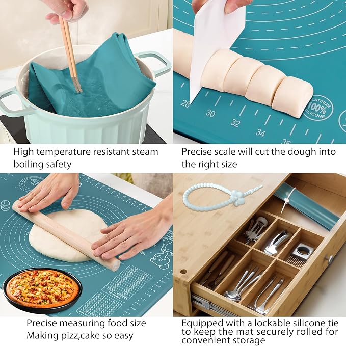 Silicone Pastry Mat 28" x 20" Extra Thick Non Stick Baking Mat with Measurements and Edge Heightening, Food Grade Silicone Rolling Mat for Pastry, Bread, Cookies, Pizza, Fondant, Pasta