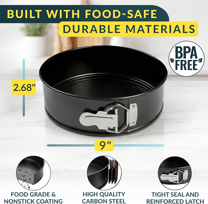 Cheesecake Pan 9" Carbon Steel With Removable Bottom – Leakproof Design | Nonstick Coating Springform – Durable Cake Mold With Secure Latch, Even Heat Cheese Cake Pans For Baking