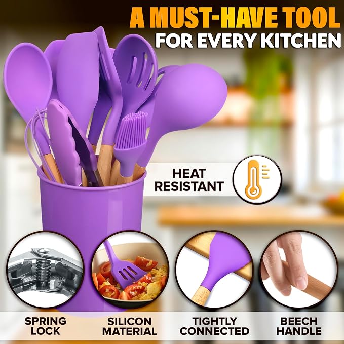 12 Pcs Purple Kitchen Accessories with Holder for Nonstick Cookware | Silicone Cooking Utensils Set for BBQ; Heat-Resistant Tools with Wooden Handles for Baking, Serving, Frying, and Mixing