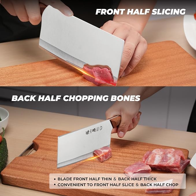 ZHANG XIAO QUAN 7.3” Meat Cleaver Butcher Knife, Chinese Vegetable Chopper Slicing Knife, Professional Chef Knife with Wood Handle and High Carbon Stainless Steel Sharp Blade