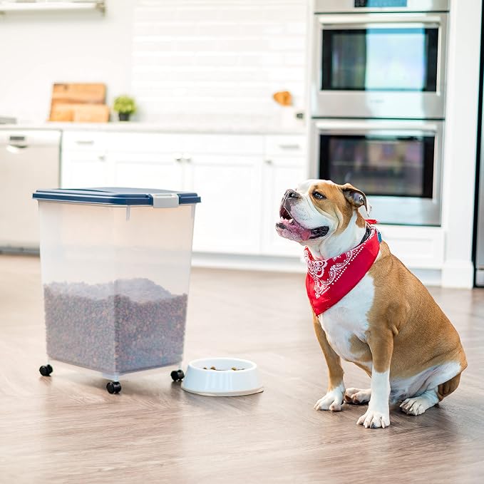 IRIS USA Dog Food Storage Container, Up to 54 lbs, Navy, Made in USA | Wheels for Mobility, Airtight Seal, BPA-Free, Best for Bird Seed, Cat food, Cat Litter, Chicken Feed, Pellets