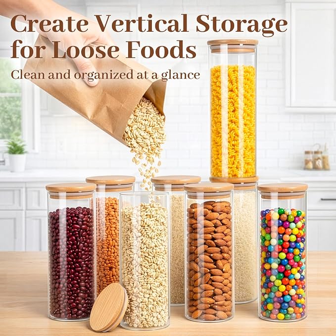 Stackable Glass Food Storage Containers with Lids [Set of 8 ], Airtight Glass Canister for Kitchen & Pantry Organization, Clear Borosilicate Jars for Pasta, Cereal, Flour, Sugar, Nuts