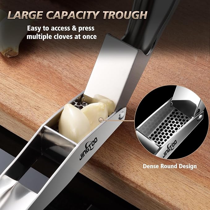 Garlic Press Stainless Steel, Premium Garlic Mincer No Need to Peel | Garlic Crusher & Ginger Masher, Large Trough, Ergonomic Handle, Easy Squeeze, Rust Proof, Dishwasher Safe, 5 Years Warranty