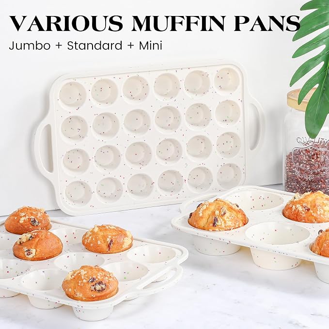 2 Pcs Jumbo Muffin Pan with Metal Frame Nonstick 6 Cup Extra Large Silicone Cupcake Pan for Baking, Deep Jumbo Muffin Tray for Egg Bites Muffins, Confetti Color Cream Gifts for Mom Home Baker