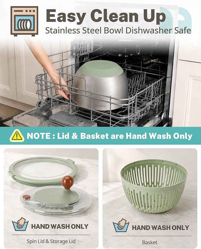 Stainless Steel Salad Spinner with Storage Lid, 5.3 Qt, BPA-Free | Quick Dry 4-in-1 Multi-Functional Lettuce Spinner, Drain, Stop Button, Fruit & Vegetable Washer, Non-Slip Base, Easy Clean