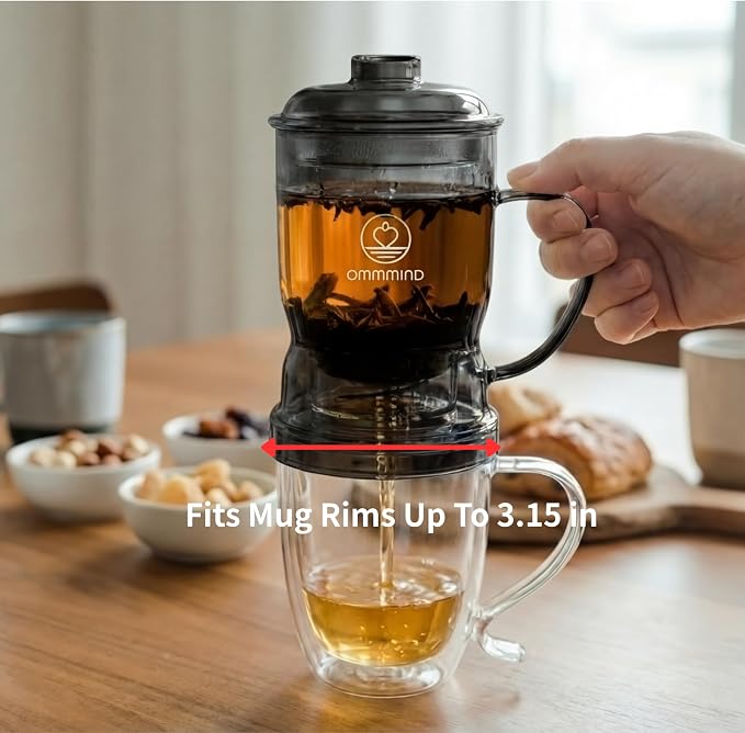 Glass Tea Infuser, Easy Drain for Loose Leaf, 15.2 oz, Black | Fits rims under 3.15 in; set on mug to drain, lift to stop, helps limit bitterness. Dishwasher safe; tea bags, herbs, coffee