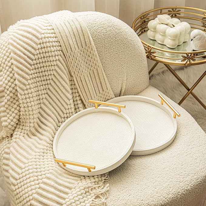 2 Piece White Round Serving Tray with Handles, Woven-Texture Faux Leather Ottoman Tray for Living Room, Decorative Tray for Coffee Table Home Decor