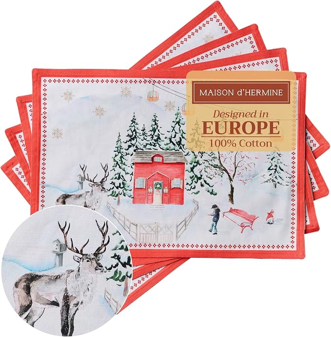 Maison d' Hermine Placemats Set of 4 Reusable 100% Cotton (13"x19") | Cloth Place Mats Washable Table Mats for Kitchen Dining Party Wedding Hotel Home Thanksgiving Christmas - Rural Christmas