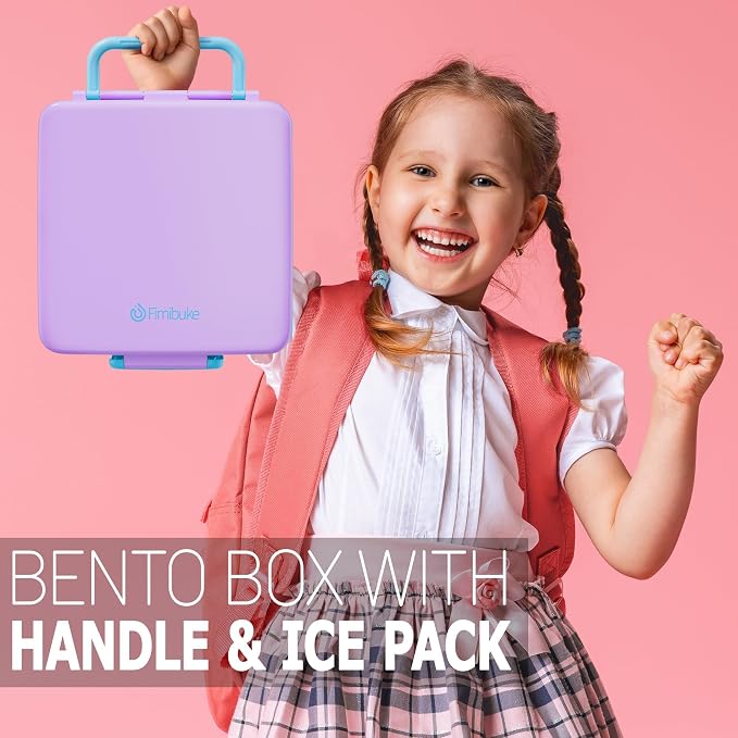 Fimibuke Chill Bento Box for Kids, Toddler Lunch Box with Built-In Ice Pack | Keep Cold Leak Proof BPA Free 4 Compartment Lunch Container with Utensil for Girl Boy School Adult, Microwave Dishwasher Safe
