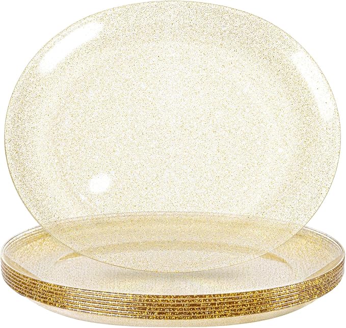 6Pack Gold Glitter Plastic Serving Trays Serving Platters for Party | 10x12inch Heavy Duty Oval Disposable Serving Platters for Cookie/Appetizer - Gold Glitter Serving Trays for Party/Wedding/BBQ