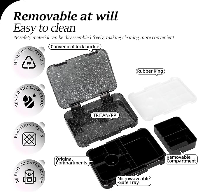 Bento Lunch Box, Bento Lunch Containers Boxes, Shiny Black | Dishwasher Safe Back to School Snack Bento Lunch Containers Boxes, Ideal Portion Sizes for On-the-Go Meal, Ages 3+, School
