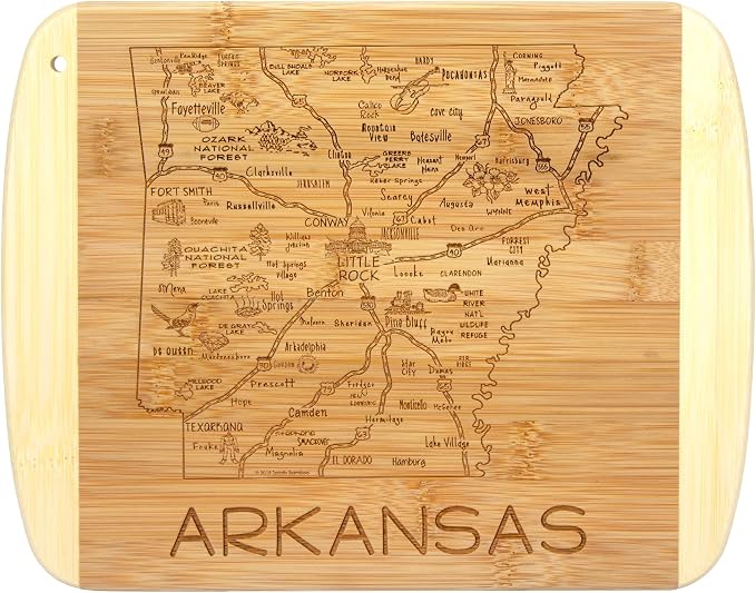Totally Bamboo A Slice of Life Arkansas Engraved Map Cutting Board | 11” x 8.75” charcuterie board with engraved state map artwork. Smooth reverse side for food prep. Hang tie for wall display.