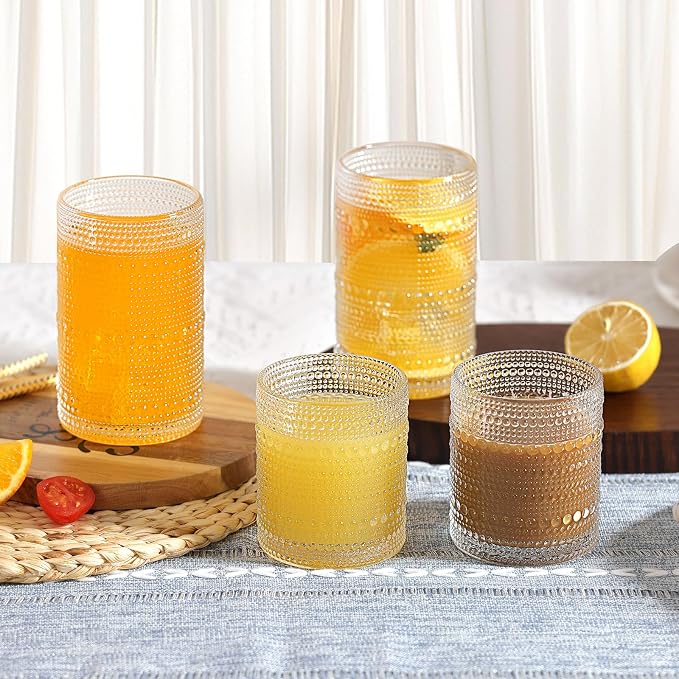 Moretoes Vintage Hobnail Drinking Glasses Set of 12 | 15 Oz Highball Glasses & 10 Oz Cocktail Glasses, Glass Cups Kitchen Bar Tumbler Glassware Set for Whiskey, Beer, Juice, Milk