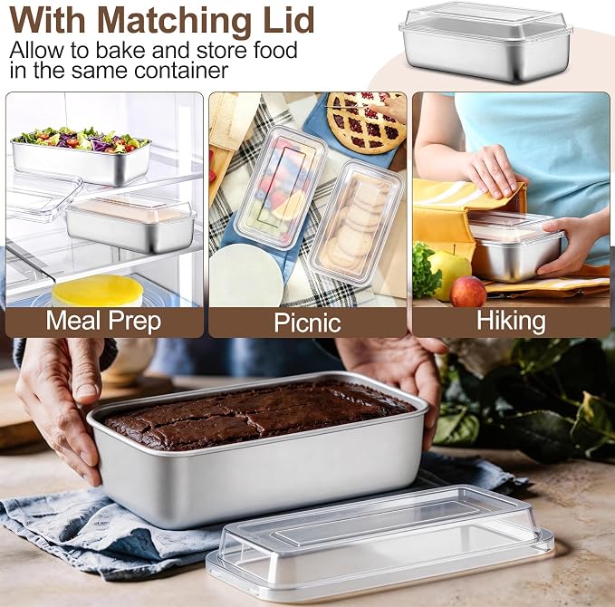 TeamFar Loaf Pan for Baking Bread, 9 x 5 Inch Bread Pan with Lid, Set of 2 | Stainless Steel Meatloaf Pan Tin for Homemade Bread, Brownies, Meal Prep, Storage, Healthy & Dishwasher Safe