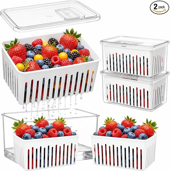 2 Pack Berry Containers for Fridge, Large Produce Saver with Removable Colander, 3.42 Quart Fruit Storage Container Keeps Strawberries, Blueberries, Vegetables Fresh, Built-in Date Tracker