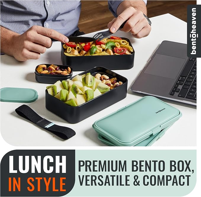 Bentoheaven Bento Box Adult, Stackable Lunch Box, 40 oz, Billie Green | BPA-free, leakproof and microwave-safe with 2 compartments, utensils, chopsticks, divider and sauce cup for men and women.