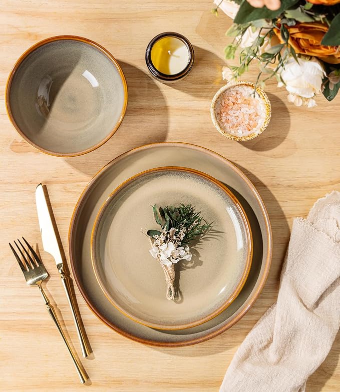 Ceramic Dinnerware Set for 4, 12-Piece Plates and Bowls Set | Handmade Reactive Glaze Dish Set, Scratch Resistant, Oven & Microwave & Dishwasher Safe, Creamy Amber