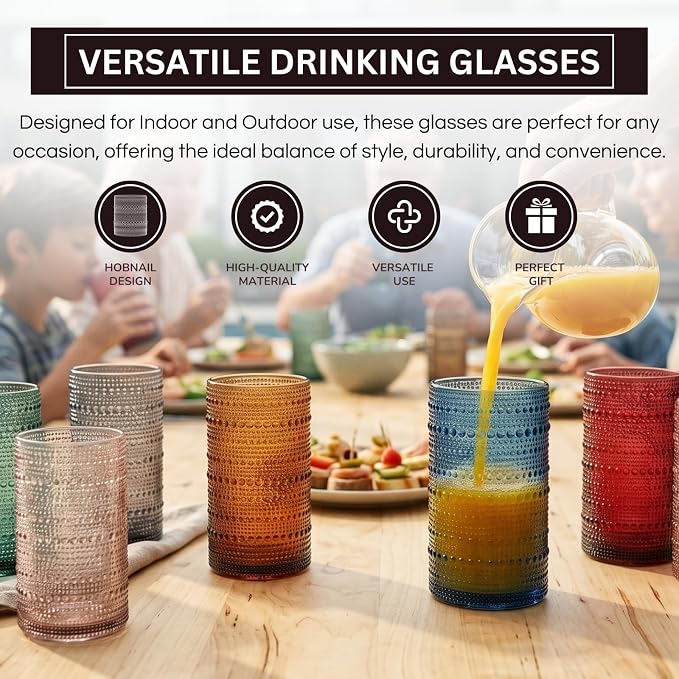 Khen Plastic Hobnail Drinking Highball Glasses Set of 6 Neutral Tones Cups 14oz, Shatterproof & Unbreakable Acrylic Beaded Design, BPA-Free, Dishwasher Safe Indoor/Outdoor Drinkware Water, Cocktails