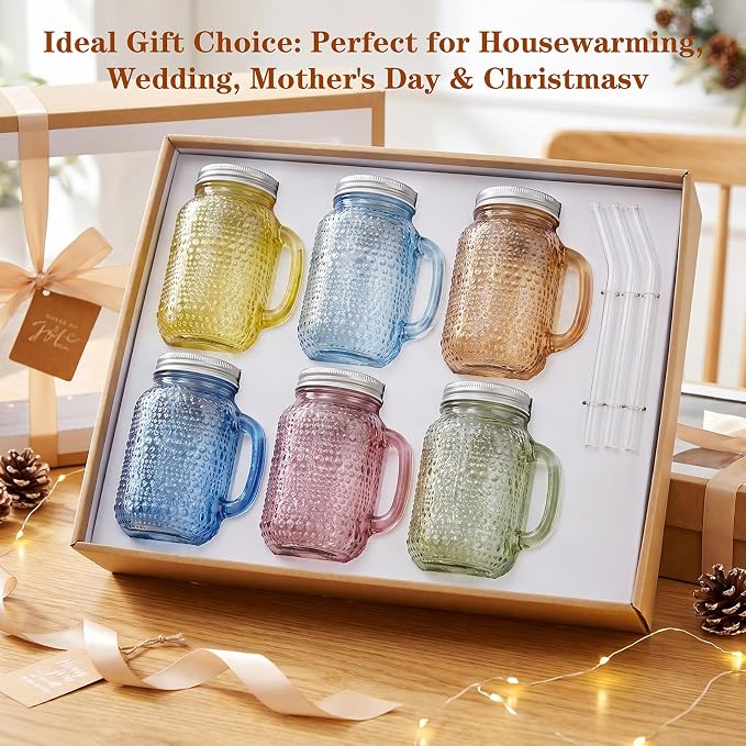 DaYammi 6 Pack 24oz Hobnail Mason Jars Cups Drinking Glass Cups with Lids & Straws, Colorful Wide Mouth Mason Jars Cups with Handle, Tumblers for Coffee Smoothies, Iced Tea, Juice, Beer, Cocktail