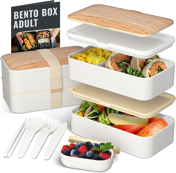 Bentoheaven Bento Box Adult, Stackable Lunch Box, 40 oz, Bright Light | BPA-free, leakproof and microwave-safe with 2 compartments, utensils, chopsticks, divider and sauce cup for men and women.