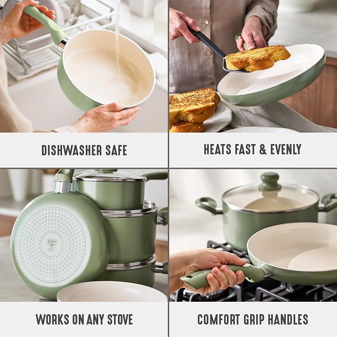 GreenLife 16pc Ceramic Nonstick Pots & Pans Cookware Set, Sage Green | PFAS-Free Nonstick Coating, Stockpot, Frying Pans, Saucepan, Sauté, Induction Ready, All Stovetop Compatible, Dishwasher Safe