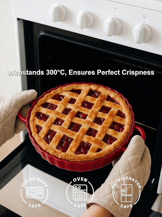 10×2in Deep Ceramic Pie Pan with Handles for Pie Quiche Tart Baking. Easy to grip, Lead-Free. Casserole Lasagna Dish for Thanksgiving Christmas Gift. Oven Microwave Dishwasher Safe. Red