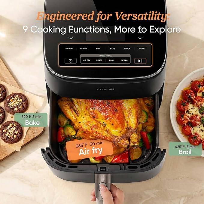 Cosori TurboBlaze Air Fryer, 9-in-1, 6 Qt, PFAS-Free Ceramic Coating | 90°–450°F, 5 Level Fan Speeds, 9 in 1 Air Fry, Roast, Bake, Broil, Dry, Frozen, Proof, Reheat, Keep Warm, Safety lock, 1725W