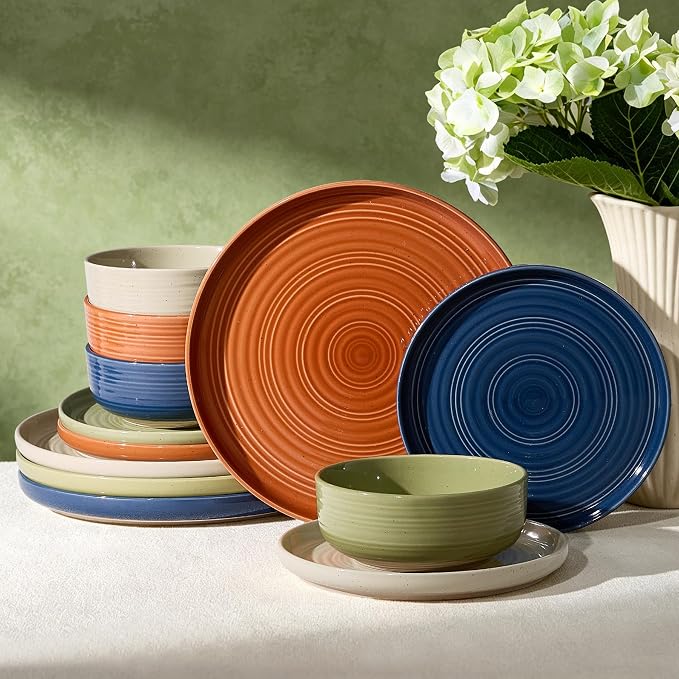 Dinnerware Set for 4, Ceramic Plates and Bowls, Multicolor | 12-Piece Ceramic Speckled Spiral Dishes, Chip & Scratch Resistant, Microwave & Dishwasher Safe, Everyday Use, Farmhouse Style