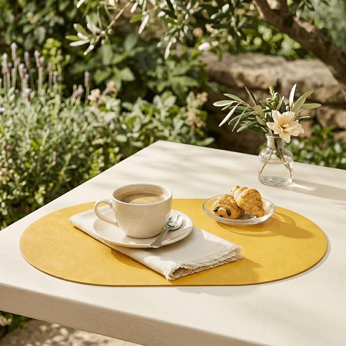 Artoid Mode Yellow Faux Leather Oval Placemats Set of 6, 12 x 18 Inch Waterproof Wipeable Heat Resistant Vinyl Place Mats, Reversible Table Mats for Kitchen Dining Decor
