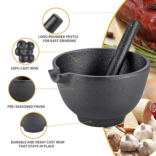 Velaze Cast Iron Mortar and Pestle Set,3 Cup Capacity | 6.5 Inch Pestle,27 oz Molcajete,Pour Spout Design,Spice Grinder,Smasher for Pesto,Herbs,Seasonings,Homemade Recipes,Pills
