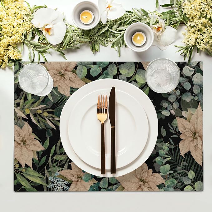 Watercolor Eucalyptus Flower Table Placemats Set of 4，Blue Snowflake Placemat for Dining Table，Washable Table mats for Winter Holiday Birthday Party Decor，12x18 Inch