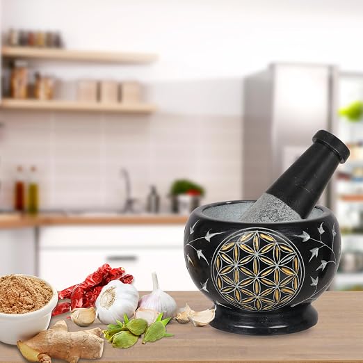 Mortar and Pestle, Made of Heavy Duty Polished Hard Stone, Natural Stone Grinder for Spices, Pastes, Herbs, Seasoning etc. (Flower of Life)