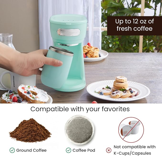 Elite Gourmet EHC242M Personal Single-Serve Compact Coffee Maker, Mint | Includes 12oz dual-wall travel mug with stainless steel interior, reusable mesh filter - compatible with coffee grounds