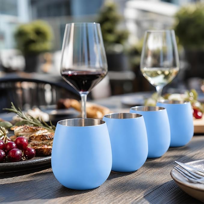 K&K Home Stainless Steel Unbreakable Stemless Wine Glasses - 15 oz - Set of 4 Colored, Stemless Metal Wine Glasses Perfect for Outdoors, Weddings, and Parties (Matte Blue)