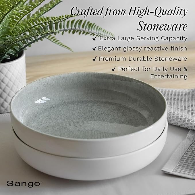 SANGO Resona Moss Large Serving Bowl (Set of 2), 64.25 oz, 10" Stoneware Bowls for Pasta, Salad & Dinner, Big Ceramic Bowls for Entertaining with Glossy Reactive Glaze, Dishwasher & Microwave Safe