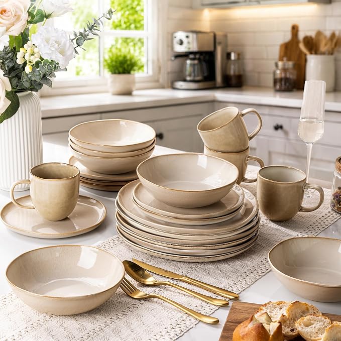 AmorArc Ceramic Dinnerware Sets for 8, 24Pcs Plates and Bowls Sets Dishes | Stoneware Handmade Reactive Glaze Dinner Set, Highly Scratch Resistant | Dishwasher & Microwave Safe Dishware