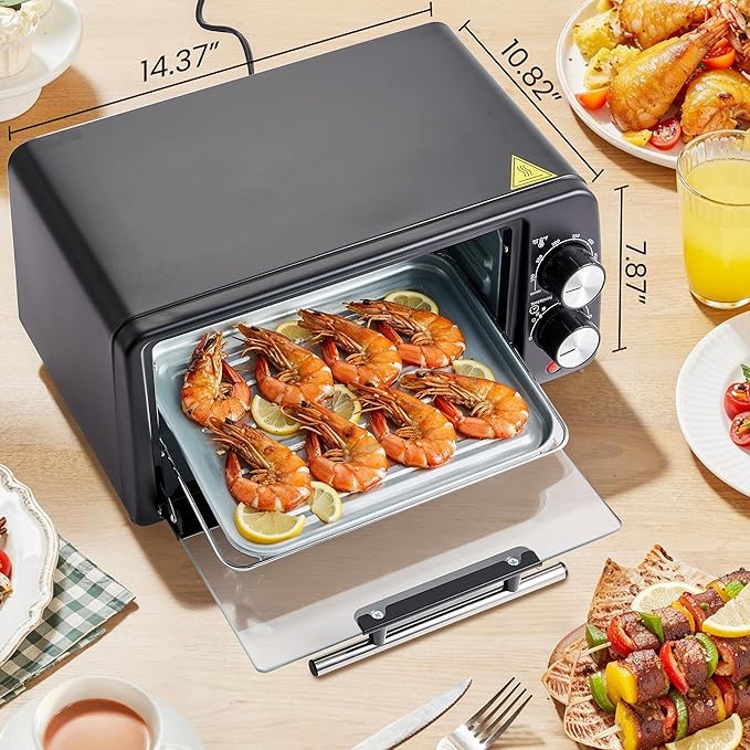 Elite Gourmet ETO449 Toaster Oven, 9.5Qt/4-Slice, 800W Quartz, Black | Fits 8" Pizza, 200-450F Adjustable Temp, 30-Min Timer - includes Bake Pan & Rack, compact countertop mini design