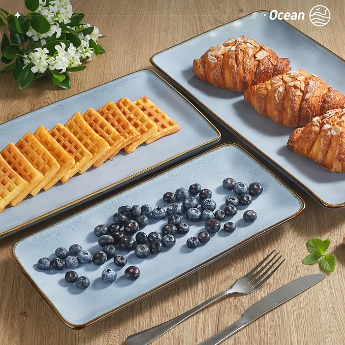 Famiware Serving Platters Set of 3 Sizes - Rectangular, Blue | 15.67"/14.1"/12.6" Fine Stoneware Serving Trays for Party, Entertaining for Food, Turkey, Cheese, Microwave Dishwasher Safe
