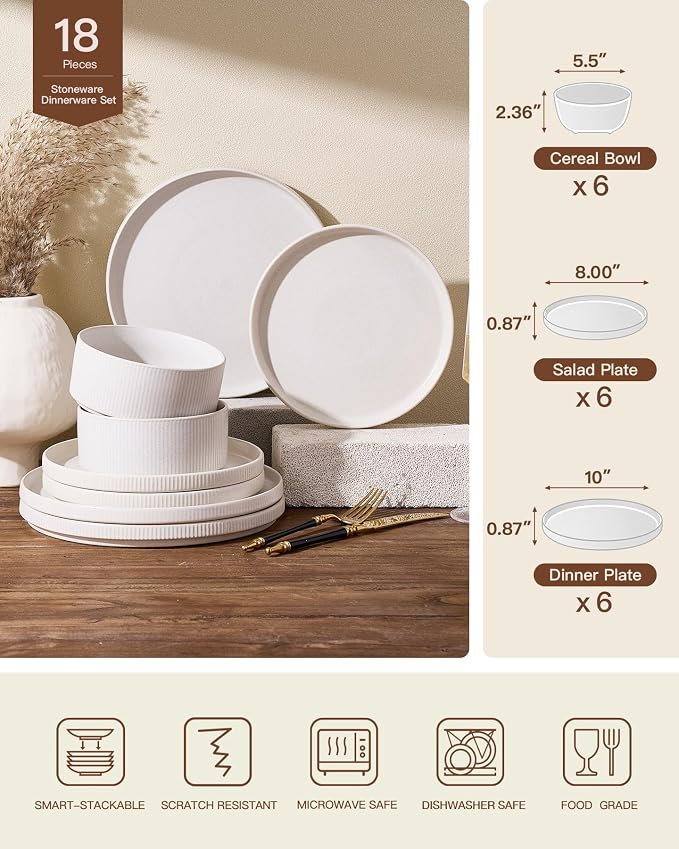 Stoneware Dinnerware Sets, Reactive Glaze Dishes Set for 8 | 24-Piece Handmade Ceramic Plates and Bowls, Microwave & Dishwasher Safe, Chip & Scratch Resistant, Modern Rustic, Matte White