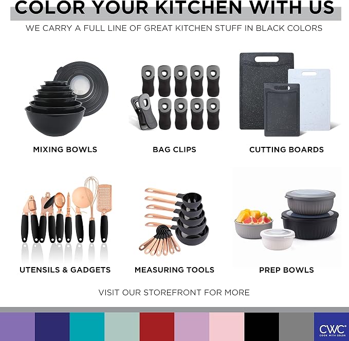 COOK WITH COLOR Mixing Bowls with Lids - 12 Piece Plastic Nesting Bowls Set includes 6 Prep Bowls and 6 Lids, Microwave Safe Mixing Bowl Set, Black Embossed