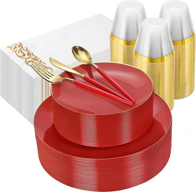 350 PCS Red Plastic Dinnerware Set, Red and Gold Rim Disposable Plates for 50 Guests, Include 100 Plates with 150 Plastic Cutlery, 50 Napkins and 50 Cups