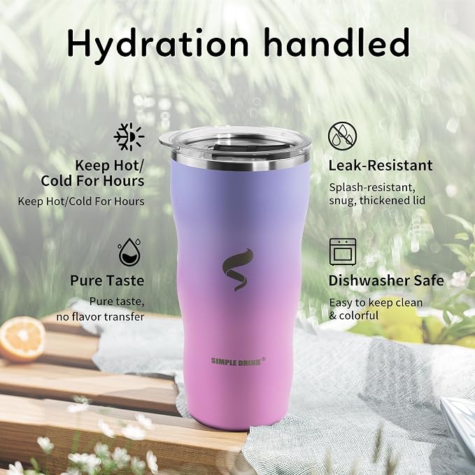 20 oz Insulated Tumbler, Straw and Flat Lids, Pink Purple | 18/8 stainless steel, double-wall vacuum insulation, BPA-free materials, reusable straw, for everyday hot and cold drinks.